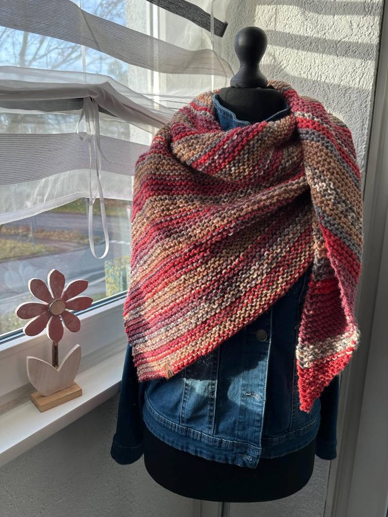 Dreieckstuch Damenschal Gestrickt Mehrfarbig Orange Rot Grau Braun Geschenkidee Weihnachten Geburtstag Ostern Handmade Weich Kombinierbar von AnitasWollewelt