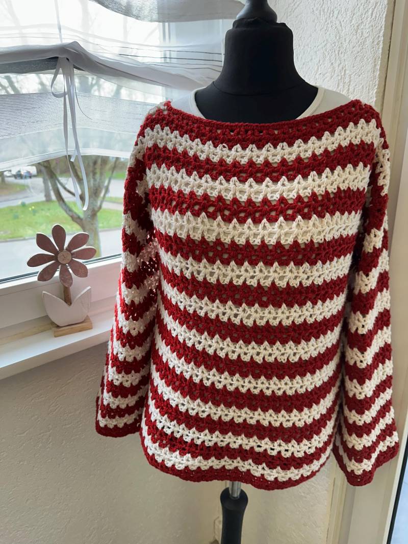 Häkelpullover, Rot-Weiß, Anpassbar, Handgemachter Pullover, Kuschelig, Sloucy Angenehm Zu Tragen von AnitasWollewelt
