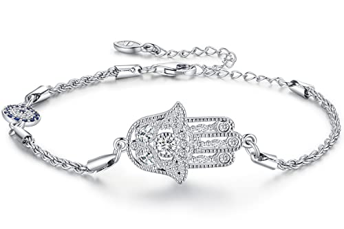 Aniu Hamsa Hand Armband Damen Sterling Silber 925 Hand der Fatima Armband mit Bösem Blick Blauer Fatimas Hand Armbänder Verstellbar 17cm+5cm Hamsa Hand Schmuck Geschenkideen für Frauen von Aniu
