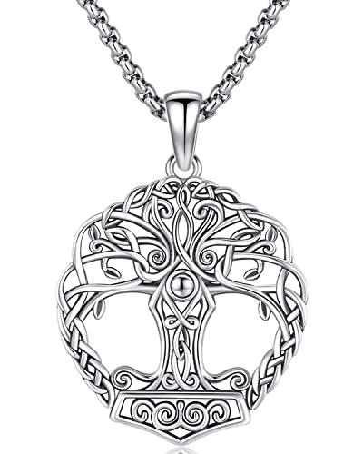 Baum des Lebens Kette Herren 925 Sterling Silber Lebensbaum Wikinger Thors Hammer Anhänger Halskette Wikinger Amulett Schmuck Geschenke für Herren Männer, Edelstahl Kette 60cm von Aniu