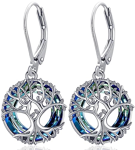 Aniu Baum des Lebens Ohrringe Silber 925, Baum des Lebens Hängend Ohrringe, Lebensbaum Ohrringe mit Kristall, Baum des Lebens Drop Ohrringe für Damen Frauen von Aniu