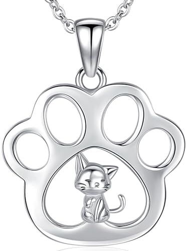 Damen Halskette Katze Sterling Silber 925, Katzen Anhänger Kette Silber Frauen, Halskette Katz mit Katzenkralle, Katze Schmuck Geschenk für Mädchen Damen Kinder von Aniu