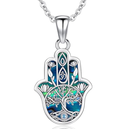Fatima Hand Kette Silber 925 Baum des Lebens Halskette Damen Fatma Hand Anhänger Kette mit Blaue Auge Lebensbaum Fatimas Hand Schmuck für Damen Frauen von Aniu