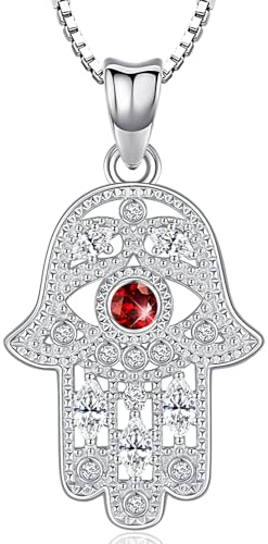 Fatima Hand Kette Silber 925 Hamsa Hand Kette für Damen Hand der Fatima Anhänger Kette mit Rotem Zirkon, Halsketten Fatimas Hand Schmuck für Damen Mädchen von Aniu