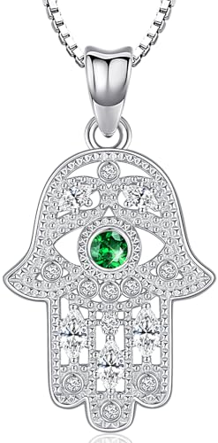 Fatima Hand Kette Silber 925 Hamsa Hand Kette für Damen Hand der Fatima Anhänger Kette und Grünem Auge, Halsketten Fatimas Hand Schmuck für Damen Mädchen von Aniu