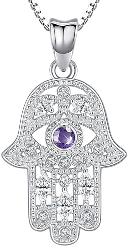 Fatima Hand Kette Silber 925 Hamsa Hand Kette für Damen Hand der Fatima Kette und Auge Fatima Hand Anhänger mit Violettem Zirkon Halsketten Fatimas Hand Schmuck für Damen Mädchen von Aniu