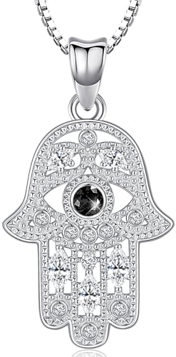 Fatima Hand Kette Silber 925 Hamsa Hand Kette für Damen Hand der Fatima Kette und Auge Fatima Hand Anhänger mit schwarz Zirkon Halsketten Fatimas Hand Schmuck für Damen Mädchen von Aniu