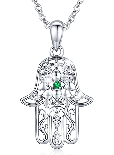 Halsketten für Frauen, Hamsa Hand der Fatima Silberkette Damen 925, Hand der Bösen Augen Anhänger mit Zirkonia, Geschenke für Freundin, Mama und Geburtstag mit 46cm Kette (Smaragd Hamsa Hand) von Aniu