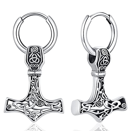 Aniu Herren Wikinger Ohrringe Thors Hammer Sterling Silber 925 Wikinger Mjölnir Ohrringe für Männer und Jungen von Aniu