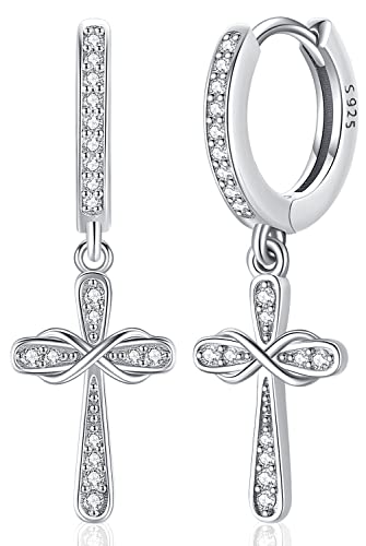 Kreuz Ohrringe Damen Sterling Silber 925, Creolen Ohrringe mit Kreuz Anhänger, Kreuz Ohrstecker Hängend, Ohrringe Kreuz mit Zirkonia, Kreuz Schmuck für Frauen Damen von Aniu