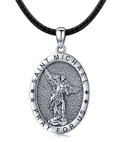 Saint Michael Halskette Sterling Silber 925 Erzengel Michael Anhänger Kette Heiliger Michael Halskette St Michael Anhänger Kette Religiöser Amulett Schmuck mit Lederseil für Herren Damen von Aniu