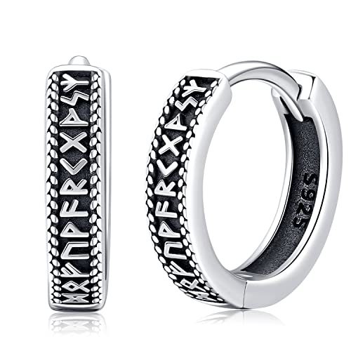 Unisex Creolen Sterling Silber 925 Herren Ohrringe Creolen Viking Rune Ohrringe Klapp Creolen Schwarz Klein Ohrschmuck für Frauen,Männer von Aniu