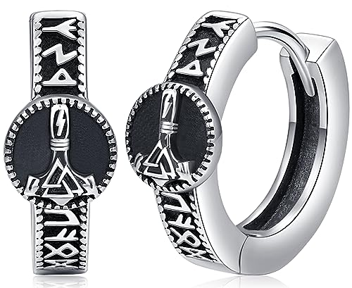 Wikinger Creolen Ohrringe Herren Wikinger Rune Creolen Silber 925 Schwarz Thors Hammer Ohrringe Norse Wikinger Ohrschmuck für Herren Männer von Aniu