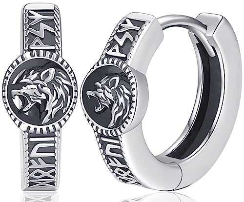 Wikinger Creolen Ohrringe Herren Wikinger Runen Creolen Silber 925 Norse Wikinger Wolf Ohrringe mit Runen Viking Ohrringe Ohrschmuck für Herren Männer Damen Frauen von Aniu