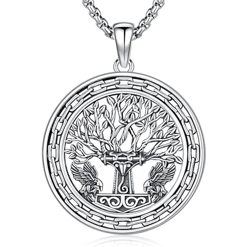 Wikinger Halskette Herren Thors Hammer Anhänger 925 Sterling Silber Baum des Lebens Halskette Wikinger Mjölnir Kette für Herren Frauen von Aniu