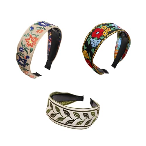 Aniyan 3 Stück Boho Stirnbänder Damen – Breites Haarband mit Stickerei & Rosenmuster, rutschfestes Kopfbänder Accessoire für Alltag, Party & Hochzeit (Schwarz+Beige+Grün) von Aniyan
