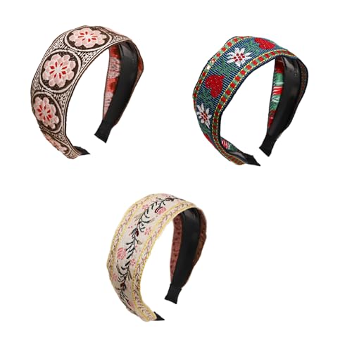 Aniyan 3 Stück Boho Stirnbänder Damen – Breites Haarband mit Stickerei & Rosenmuster, rutschfestes Kopfbänder Accessoire für Alltag, Party & Hochzeit (Weiß+Marineblau+Kaffee) von Aniyan