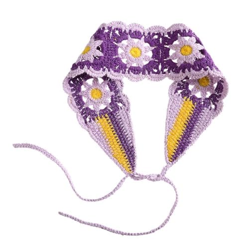 Aniyan Häkel Stirnband Damen – Gestrickt Haarschal mit Blumenmuster, Boho Haartücher Haarband Handgemacht, Kopftuch für Alltag & Festival (1 Stück, Dunkelviolett) von Aniyan