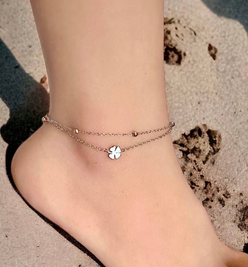 Fußkettchen Aus Edelstahl Mit Kleeblatt I Doppelreihig Edelstahl in Gold - Oder Silberfarben | Strand Sommer Geschenk von AnjasGeschenkeWelt