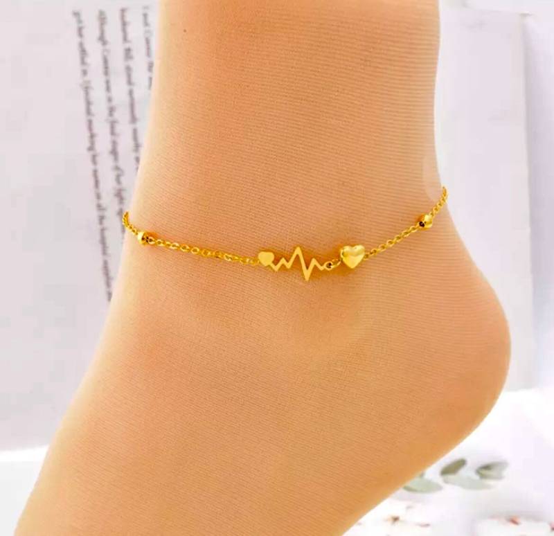 Zartes Fußkettchen Aus Edelstahl Mit Herzschlagkurve Und Herzanhänger | Goldfarben Strand Sommer Geschenk von AnjasGeschenkeWelt