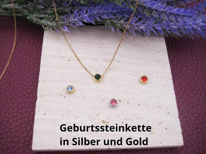 Edelstahlkette Mit Geburtssteinanhänger, Runder Anhänger Steinchen Für Jeden Monat in Silber Oder Gold von AnjasPerlenweltShop