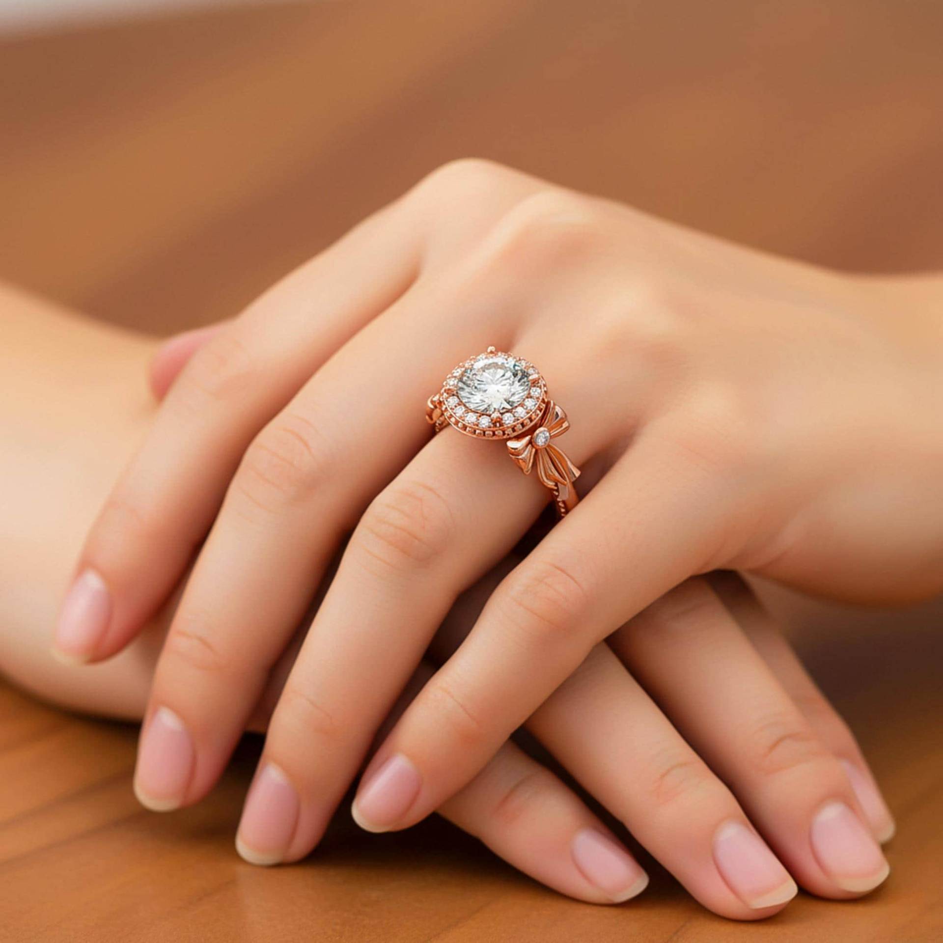 1, 5 Karat Rundschliff Lab Gewachsen Einzigartige Diamant Ring Halo Verlobungsring 14K Rose Gold Fliege von AnjaysDesigns