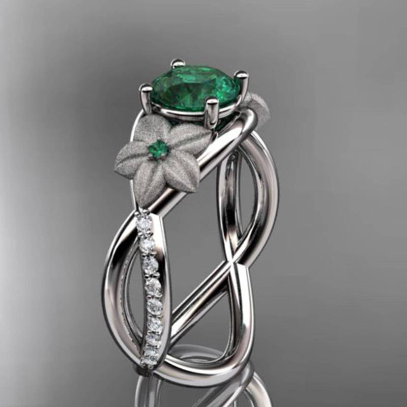 Blumen-Verlobungsring 1 Karat Runde Smaragd 14K Weißgold Natur Inspiriert Ehering von AnjaysDesigns