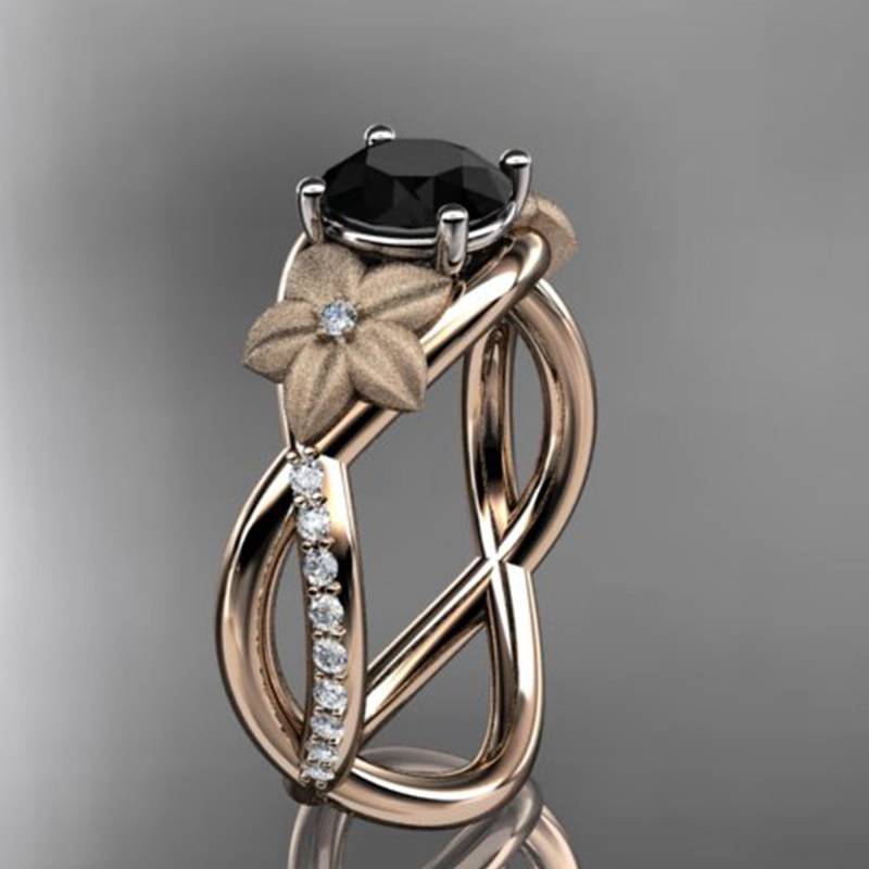 Natur Inspiriert Verlobungsring 14K Rose Gold Black Diamond Ehering in Mattem Finish von AnjaysDesigns