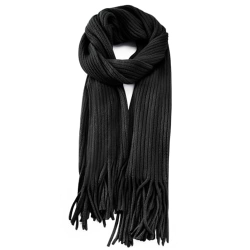 Anjing Schal Damen mit Fransen, Kaschmir Gefühl Schals Kuschelige Warme Winter Schal Dick Einfarbig - Schwarz von Anjing