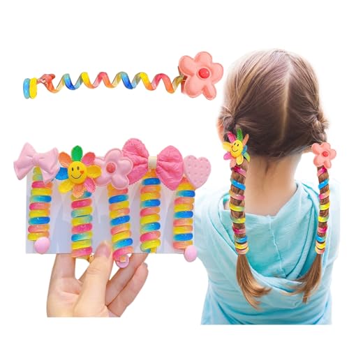 Telefondraht-Haarbänder für Kinder, 5 Stück, bunte Blume, Schleife, geflochten, Telefonschnur, Haarseil, gerade Spirale, Haarbänder, Spule, elastische Telefonschnur, niedlicher Pferdeschwanz-Halter, von Anjing