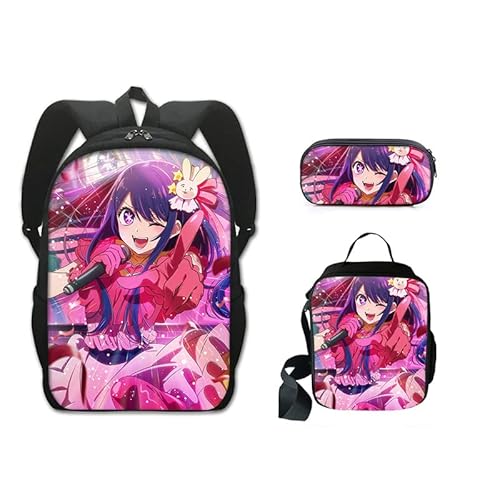 Anjinguang 3-teiliges Set Oshi No Ko Rucksack mit Lunchtasche & Federmäppchen Hoshino Ai/Rubi Cartoon Anime Schultasche Anzug Schulter Reisetasche Laptop Rucksack für Kinder Teenager Schüler, Typ 5, von Anjinguang