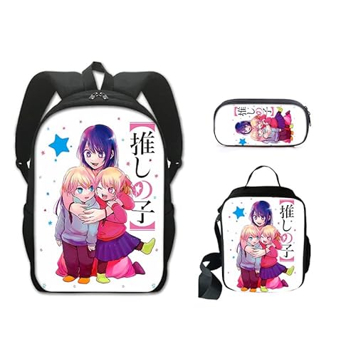 Anjinguang 3-teiliges Set Oshi No Ko Rucksack mit Lunchtasche & Federmäppchen Hoshino Ai/Rubi Cartoon Anime Schultasche Anzug Schulter Reisetasche Laptop Rucksack für Kinder Teenager Schüler, Typ 2, von Anjinguang