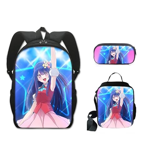 Anjinguang 3-teiliges Set Oshi No Ko Rucksack mit Lunchtasche & Federmäppchen Hoshino Ai/Rubi Cartoon Anime Schultasche Anzug Schulter Reisetasche Laptop Rucksack für Kinder Teenager Schüler, Typ 7, von Anjinguang