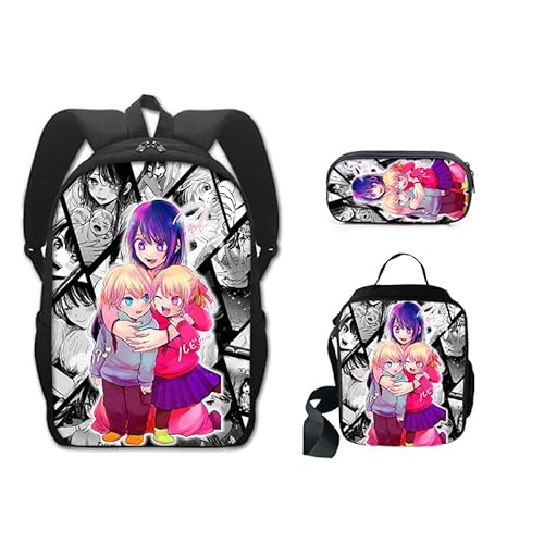 Anjinguang 3-teiliges Set Oshi No Ko Rucksack mit Lunchtasche & Federmäppchen Hoshino Ai/Rubi Cartoon Anime Schultasche Anzug Schulter Reisetasche Laptop Rucksack für Kinder Teenager Schüler, Typ 10, von Anjinguang