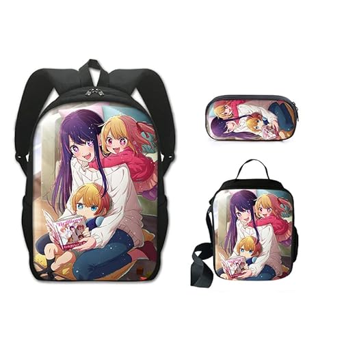 Anjinguang 3-teiliges Set Oshi No Ko Rucksack mit Lunchtasche & Federmäppchen Hoshino Ai/Rubi Cartoon Anime Schultasche Anzug Schulter Reisetasche Laptop Rucksack für Kinder Teenager Schüler, Typ 3, von Anjinguang