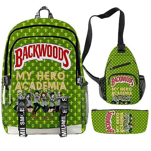 Anjinguang My Hero Academia/MHA Rucksack 3-teiliges Set mit Lunchtasche Federmäppchen MHA Schultaschen Set für Mädchen Jungen Teens Anime Cosplay Rucksack Büchertasche Computertasche, Typ 1, 44*30cm von Anjinguang