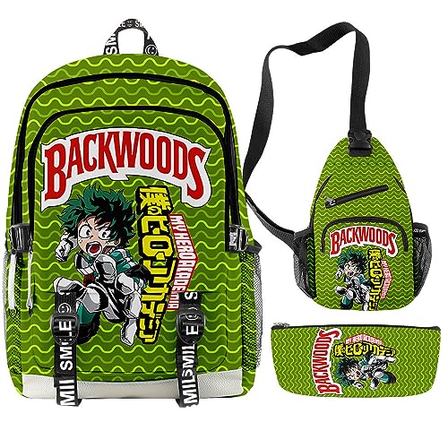 Anjinguang My Hero Academia/MHA Rucksack 3-teiliges Set mit Lunchtasche Federmäppchen MHA Schultaschen Set für Mädchen Jungen Teens Anime Cosplay Rucksack Büchertasche Computertasche, Typ 2, 44*30cm von Anjinguang