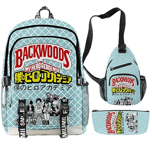 Anjinguang My Hero Academia/MHA Rucksack 3-teiliges Set mit Lunchtasche Federmäppchen MHA Schultaschen Set für Mädchen Jungen Teens Anime Cosplay Rucksack Büchertasche Computertasche, Typ 7, 44*30cm von Anjinguang