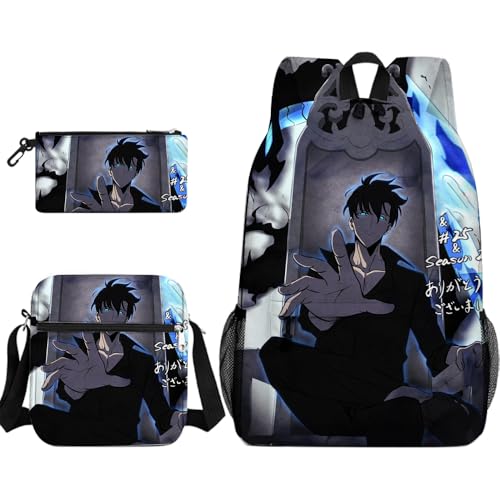 Anjinguang Sung Jin Woo Rucksack, 3-teiliges Set, Cha Hae-in Anime, 3D-Druck, Schultasche mit Schultertasche und Schreibwarentasche, 3-in-1, lässig, leicht, Büchertasche, Reiserucksack, Typ 2 von Anjinguang