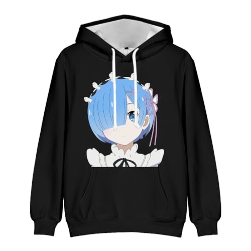 Anjinguang Unisex Re 0 Rem Hoodie Anime Charakter Rem/Emilia Bedruckt Pullover Hoodie Langarm Sweatshirt Kordelzug Hoody Top Casual Herbst Kapuzen Kleidung von Anjinguang