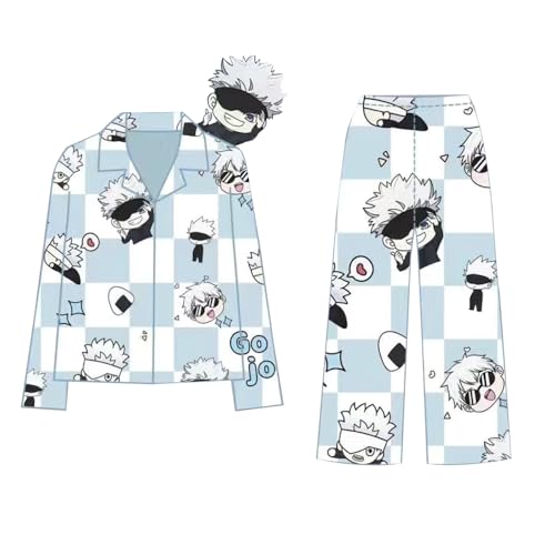 JJK Merch Damen Pyjama Gojo Satoru Fushiguro Megumi Anime Langarmshirt JJK Pants Nachtwäsche Loungewear Pyjama Set Zweiteiliger Cartoon Pyjama Hausanzug, Gojo Satoru, L von Anjinguang