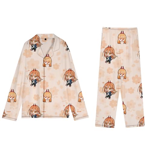 Makima Denji Power Hayakawa Aki Anime Pyjamahose, Zweiteiliger Schlafanzug Set, Damen Schlafanzug Langarm Nachtwäsche Hose Bequem Pyjama für Zuhause Party, Power, L von Anjinguang