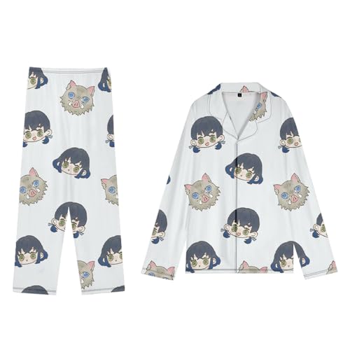 Tokitou Muichirou Kochou Shinobu Damen Mädchen Schlafanzug mit Knopfleiste Anime Schlafanzug Langarm Shirt mit Pyjamahose Nachtwäsche Loungewear 2 Teilig Hausanzug Plus Size, Hashibira Inosuke, S von Anjinguang