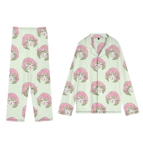 Tokitou Muichirou Kochou Shinobu Damen Mädchen Schlafanzug mit Knopfleiste Anime Schlafanzug Langarm Shirt mit Pyjamahose Nachtwäsche Loungewear 2 Teilig Hausanzug Plus Size, Kanroji Mitsuri, XS von Anjinguang