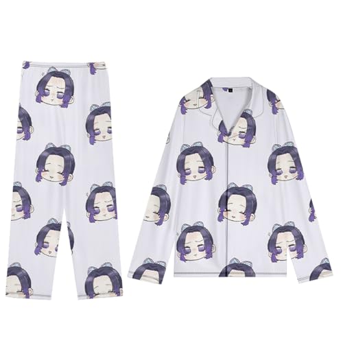 Tokitou Muichirou Kochou Shinobu Damen Mädchen Schlafanzug mit Knopfleiste Anime Schlafanzug Langarm Shirt mit Pyjamahose Nachtwäsche Loungewear 2 Teilig Hausanzug Plus Size, Kochou Shinobu, XS von Anjinguang