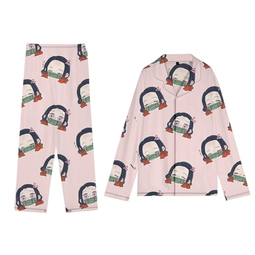 Tokitou Muichirou Kochou Shinobu Damen Mädchen Schlafanzug mit Knopfleiste Anime Schlafanzug Langarm Shirt mit Pyjamahose Nachtwäsche Loungewear 2 Teilig Hausanzug Plus Size, Nezuko, XS von Anjinguang