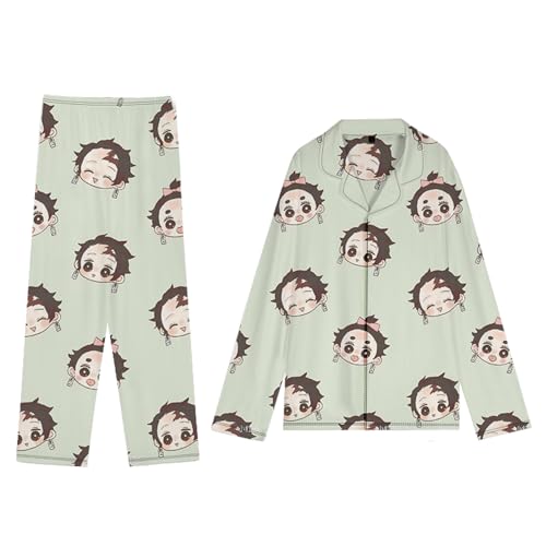 Tokitou Muichirou Kochou Shinobu Damen Mädchen Schlafanzug mit Knopfleiste Anime Schlafanzug Langarm Shirt mit Pyjamahose Nachtwäsche Loungewear 2 Teilig Hausanzug Plus Size, Tanjiro, S von Anjinguang