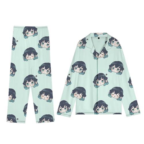 Tokitou Muichirou Kochou Shinobu Damen Mädchen Schlafanzug mit Knopfleiste Anime Schlafanzug Langarm Shirt mit Pyjamahose Nachtwäsche Loungewear 2 Teilig Hausanzug Plus Size, Tokitou Muichirou, L von Anjinguang