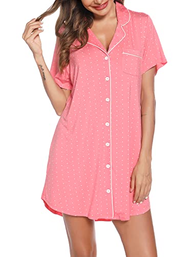 Anjue Damen Kurzarm Pyjama Top Nachthemd Button Down Nachthemd Nachtwäsche Schlafshirt Nachthemd Nachthemd, Kurze Ärmel, rosa Punkte, XX-Large von Anjue
