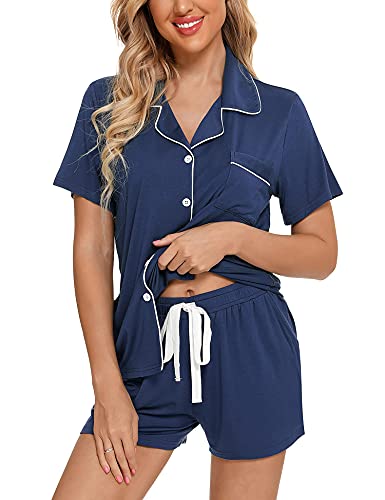 Anjue Damen-Pyjama-Set, Braut-Pyjama, kurzärmelig, Nachtwäsche, Button-Down-Lounge-Sets, Nachtwäsche, weiche Pyjama, mit Taschen, S-XXL, A-Cyan (mit Shortstaschen), M von Anjue